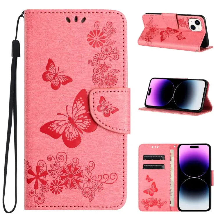 Butterfly Embossed Flip Leather Phone Case For iPhone 15 Pro For iPhone 15 Plus For iPhone 15 - For iPhone 15 / Pink