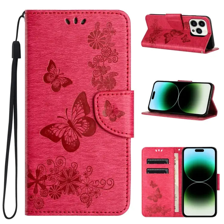 Butterfly Embossed Flip Leather Phone Case For iPhone 15 Pro For iPhone 15 Plus For iPhone 15 - For iPhone 15 Pro / Red