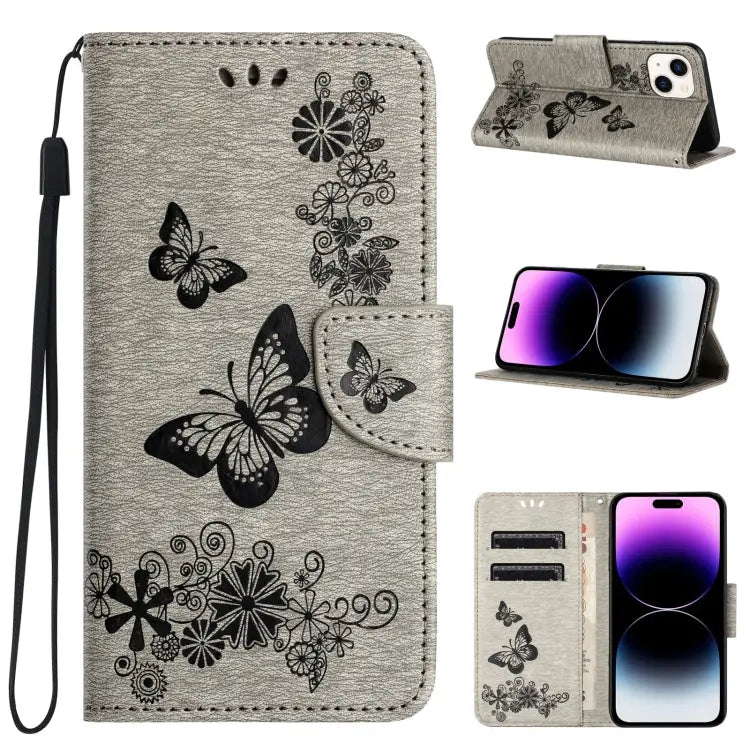 Butterfly Embossed Flip Leather Phone Case For iPhone 15 Pro For iPhone 15 Plus For iPhone 15 - For iPhone 15 / Grey