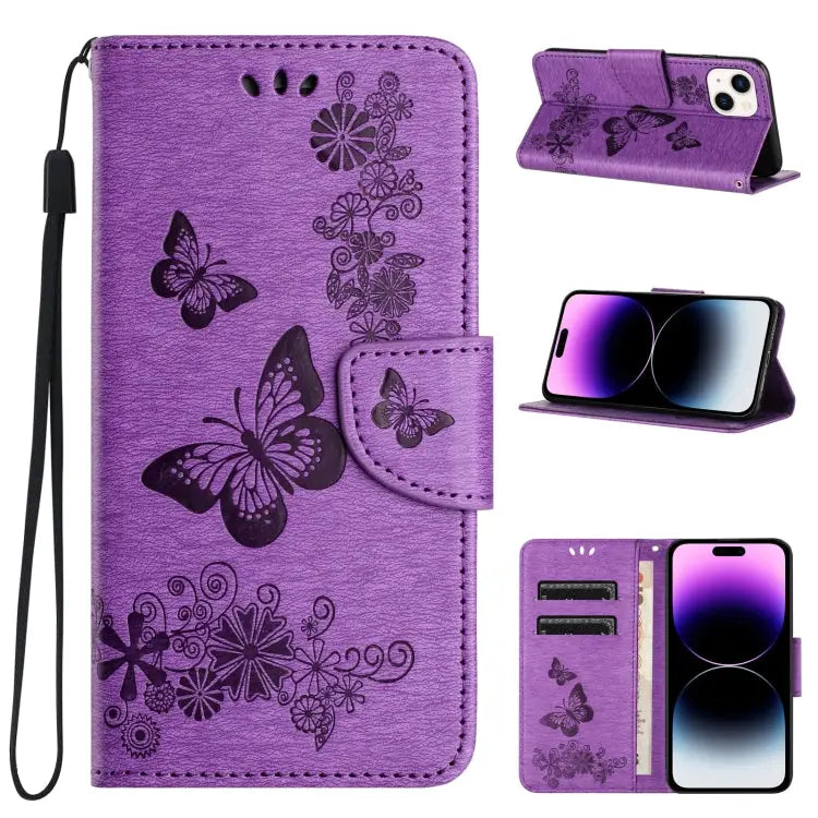 Butterfly Embossed Flip Leather Phone Case For iPhone 15 Pro For iPhone 15 Plus For iPhone 15 - For iPhone 15 / Purple