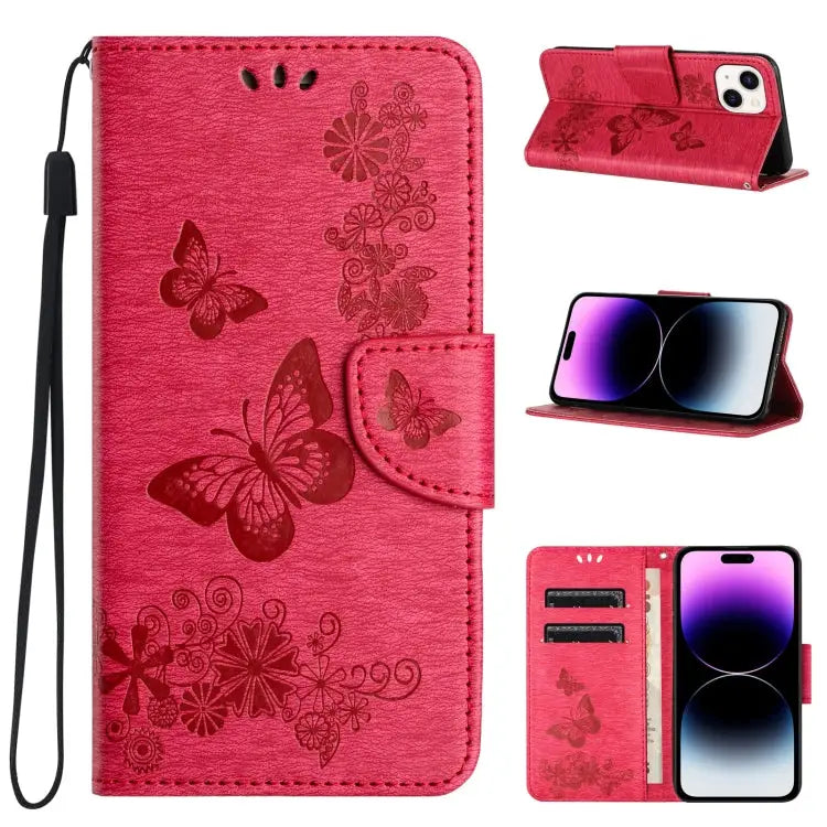 Butterfly Embossed Flip Leather Phone Case For iPhone 15 Pro For iPhone 15 Plus For iPhone 15 - For iPhone 15 / Red