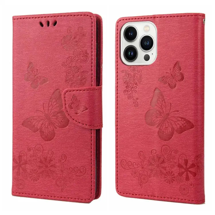 Butterfly Embossed Horizontal Flip Leather Phone Case For iPhone 14 Pro Max - For iPhone 14 Pro Max / Red - Apple