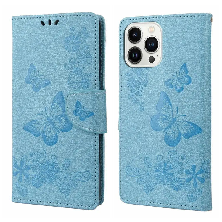 Butterfly Embossed Horizontal Flip Leather Phone Case For iPhone 14 Pro Max - For iPhone 14 Pro Max / Blue - Apple