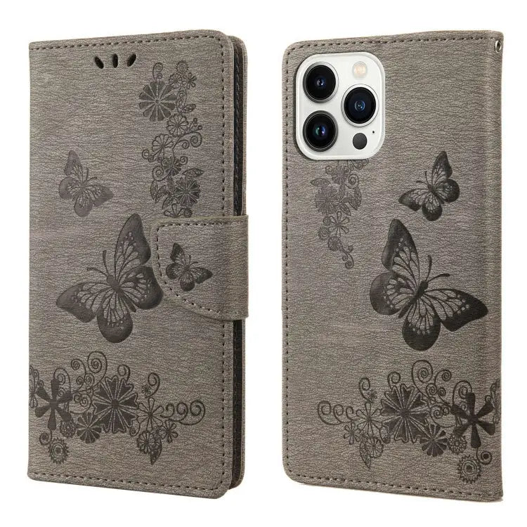 Butterfly Embossed Horizontal Flip Leather Phone Case For iPhone 14 Pro Max - For iPhone 14 Pro Max / Grey - Apple