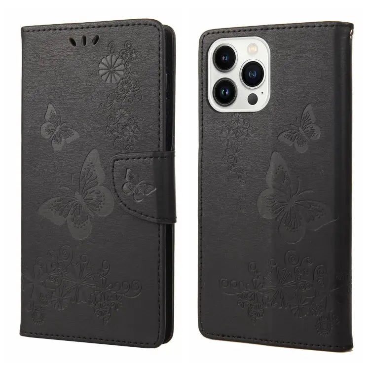Butterfly Embossed Horizontal Flip Leather Phone Case For iPhone 14 Pro Max - For iPhone 14 Pro Max / Black - Apple