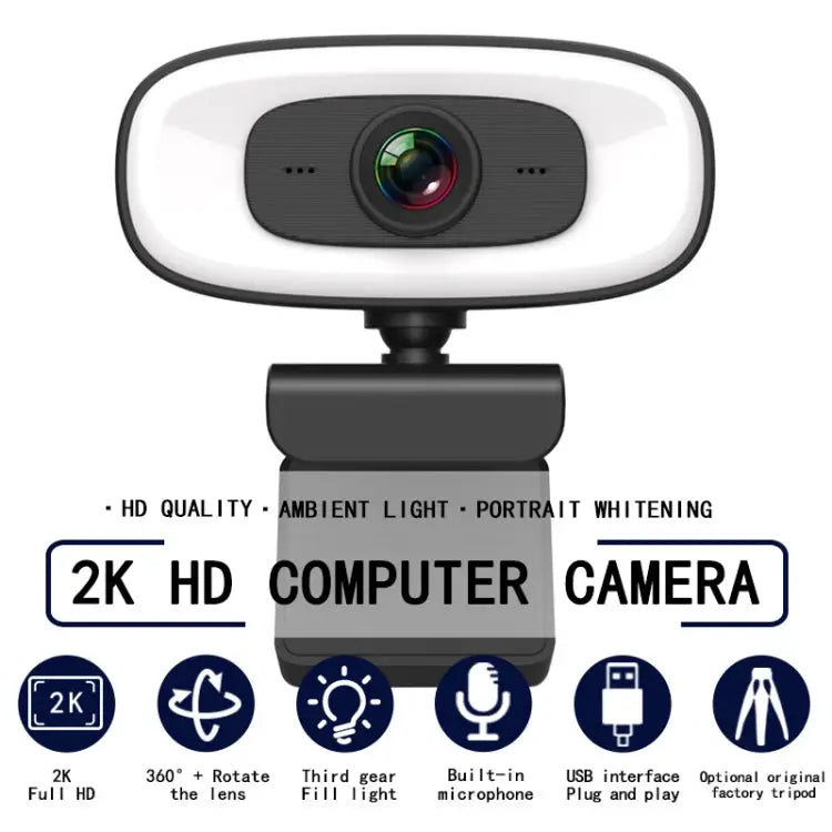 C10 2K HD Without Distortion 360 Degrees Rotate Three-speed Fill Light USB Free Drive Webcams Built-in Sound Clearer