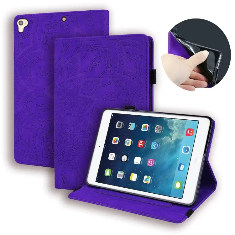 Calf Pattern Double Folding Design Embossed Leather Case with Holder & Card Slots & Pen Slot & Elastic Band For iPad