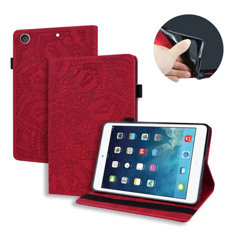Calf Pattern Double Folding Design Embossed Leather Case with Holder & Card Slots & Pen Slot & Elastic Band For iPad