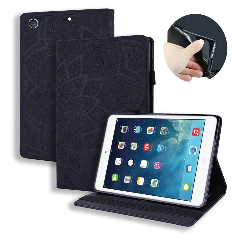 Calf Pattern Double Folding Design Embossed Leather Case with Holder & Card Slots & Pen Slot & Elastic Band For iPad