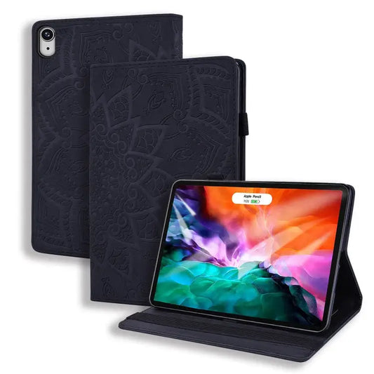 Calf Pattern Double Folding Design Embossed Leather Case with Holder & Card Slots & Pen Slot & Elastic Band For iPad