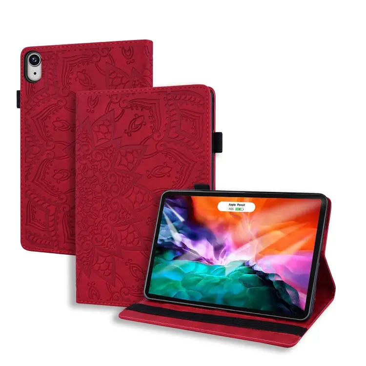 Calf Pattern Double Folding Design Embossed Leather Case with Holder & Card Slots & Pen Slot & Elastic Band For iPad