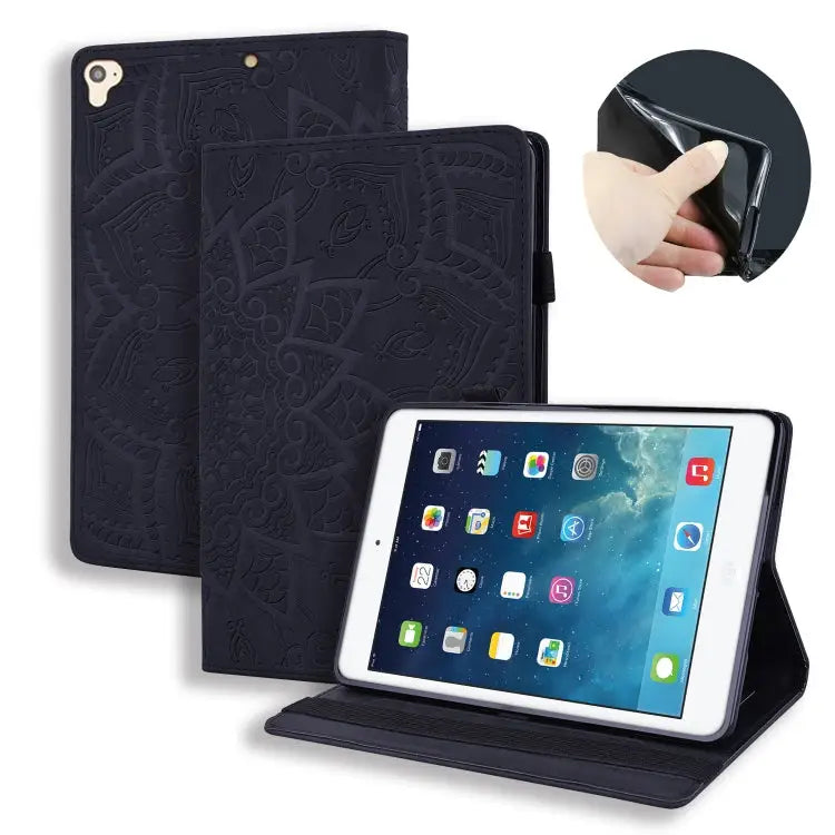 Calf Pattern Double Folding Design Embossed Leather Case with Holder & Card Slots & Pen Slot & Elastic Band For iPad