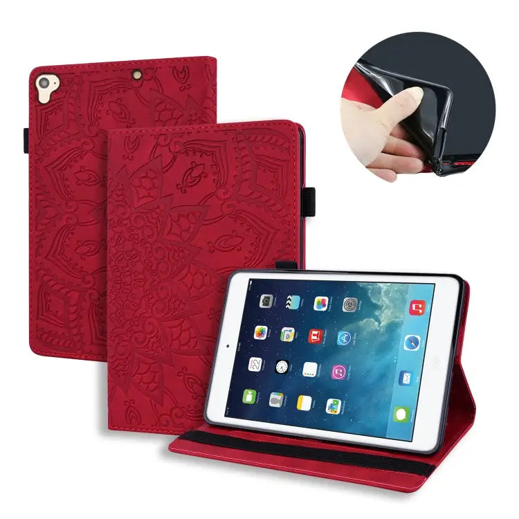 Calf Pattern Double Folding Design Embossed Leather Case with Holder & Card Slots & Pen Slot & Elastic Band For iPad