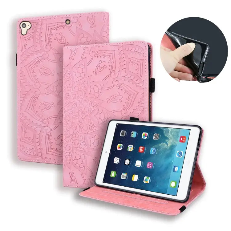 Calf Pattern Double Folding Design Embossed Leather Case with Holder & Card Slots & Pen Slot & Elastic Band For iPad