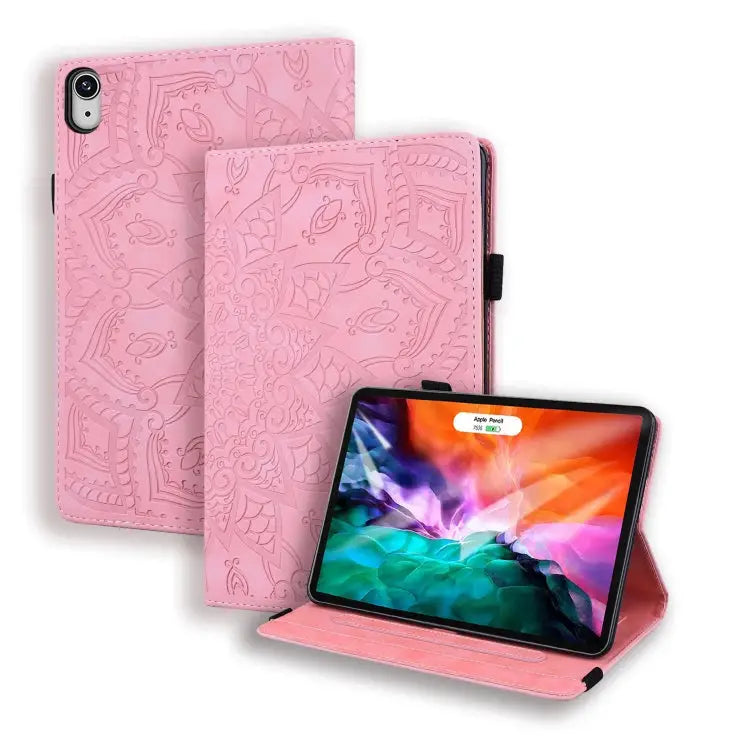 Calf Pattern Double Folding Design Embossed Leather Case with Holder & Card Slots & Pen Slot & Elastic Band For iPad