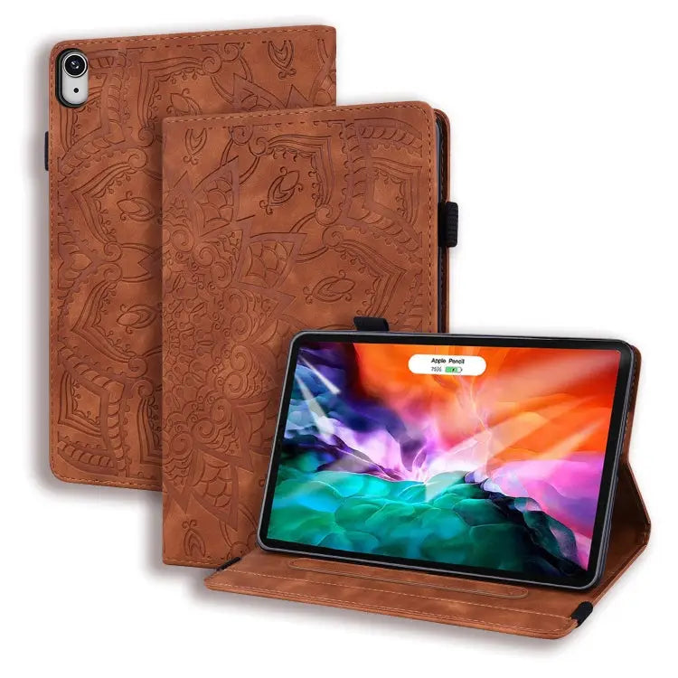 Calf Pattern Double Folding Design Embossed Leather Case with Holder & Card Slots & Pen Slot & Elastic Band For iPad