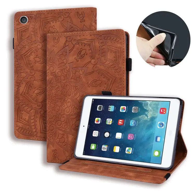 Calf Pattern Double Folding Design Embossed Leather Case with Holder & Card Slots & Pen Slot & Elastic Band For iPad