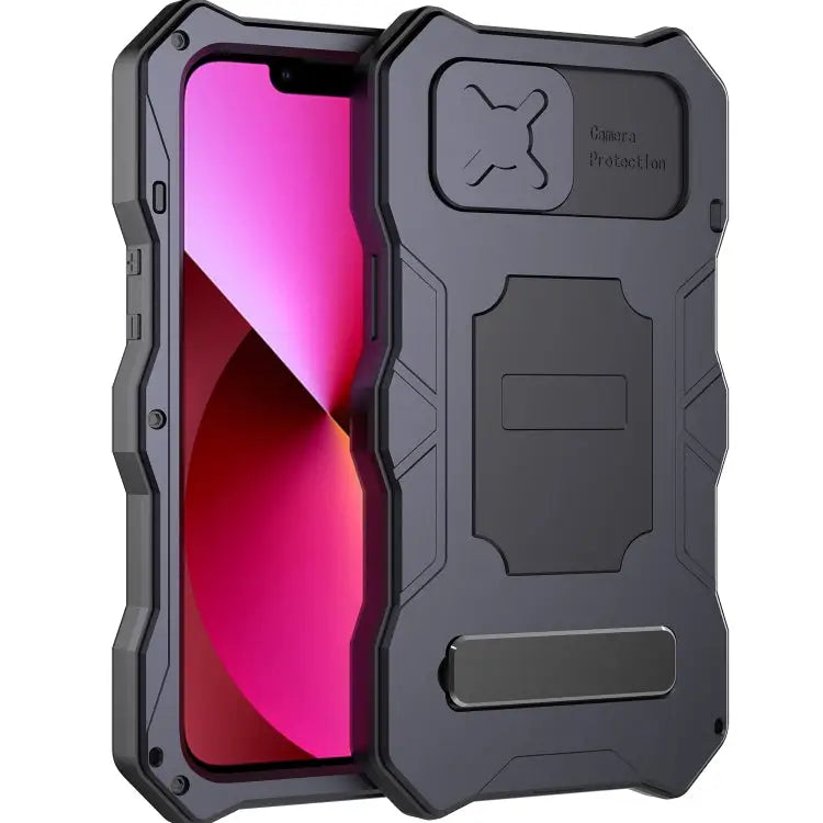 Camshield Shockproof Waterproof Dustproof Metal Case with Holder - For iPhone 13 / Black - Apple Accessories