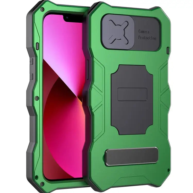 Camshield Shockproof Waterproof Dustproof Metal Case with Holder - For iPhone 13 / Green - Apple Accessories