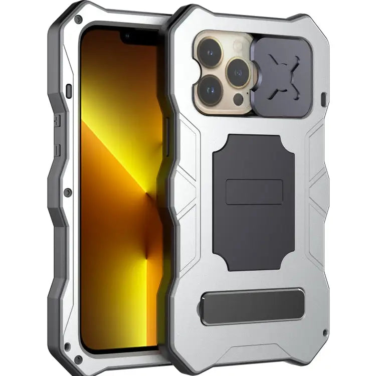 Camshield Shockproof Waterproof Dustproof Metal Case with Holder - For iPhone 13 Pro Max / Silver - Apple Accessories