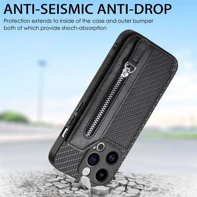 Carbon Fiber Horizontal Flip Zipper Wallet Phone Case For iPhone 15 - Apple Accessories