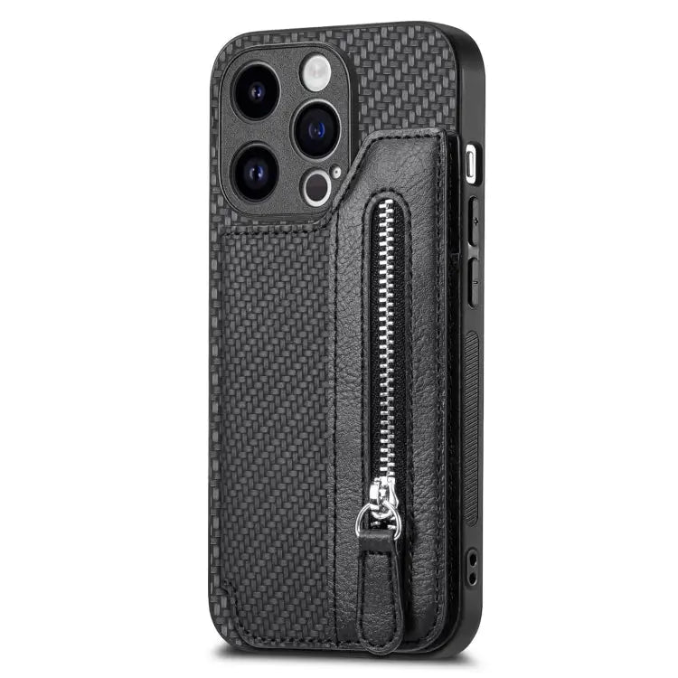 Carbon Fiber Horizontal Flip Zipper Wallet Phone Case For iPhone 15 - Apple Accessories