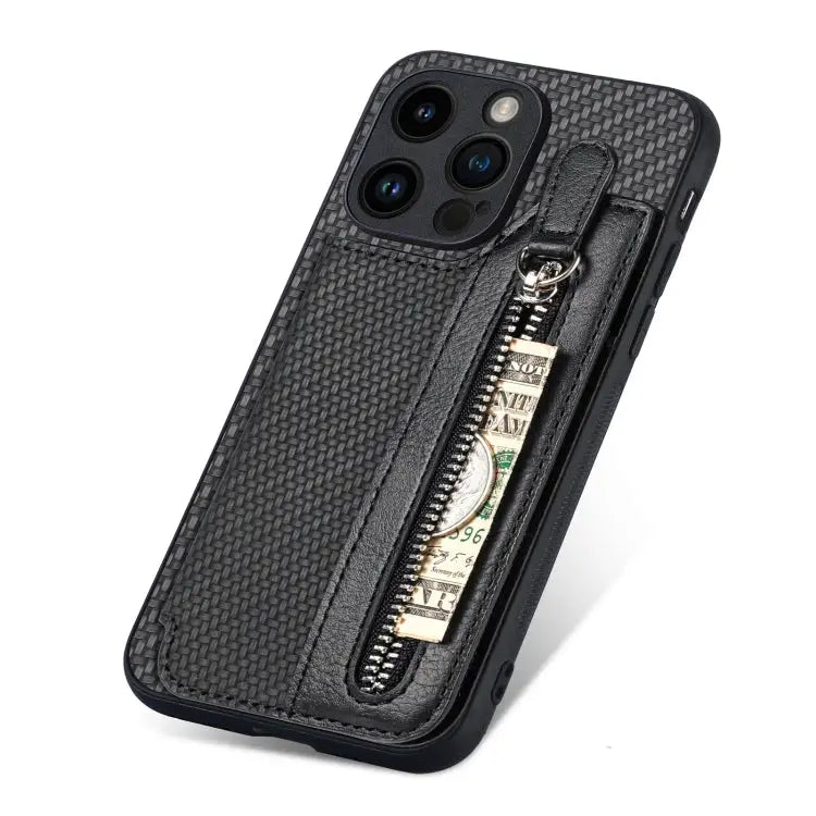 Carbon Fiber Horizontal Flip Zipper Wallet Phone Case For iPhone 15 - Apple Accessories