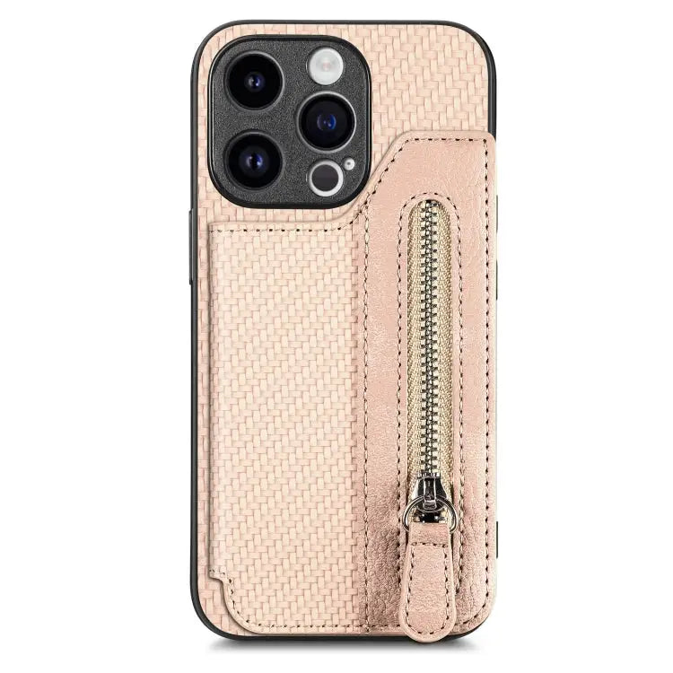 Carbon Fiber Horizontal Flip Zipper Wallet Phone Case For iPhone 15 - For iPhone 15 / Khaki - Apple Accessories