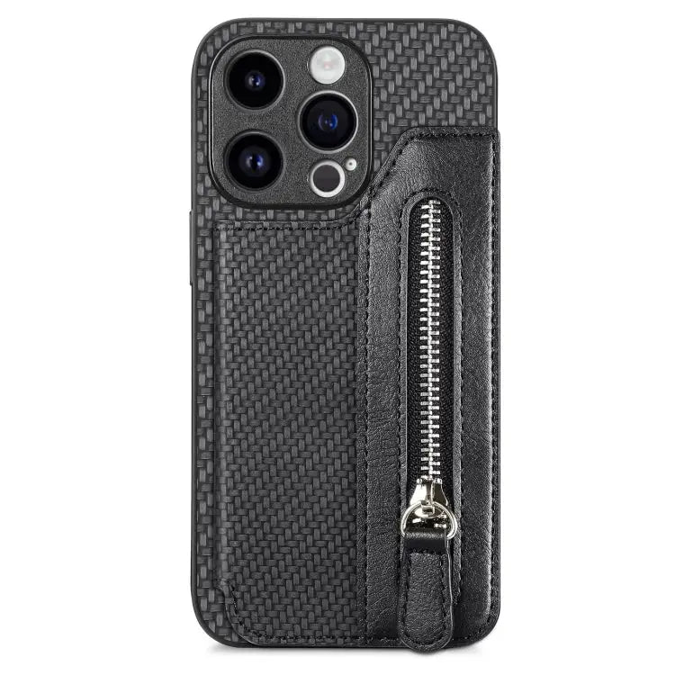 Carbon Fiber Horizontal Flip Zipper Wallet Phone Case For iPhone 15 - For iPhone 15 / Black - Apple Accessories