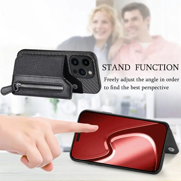 Carbon Fiber Horizontal Flip Zipper Wallet Phone Case For iPhone 15 - Apple Accessories