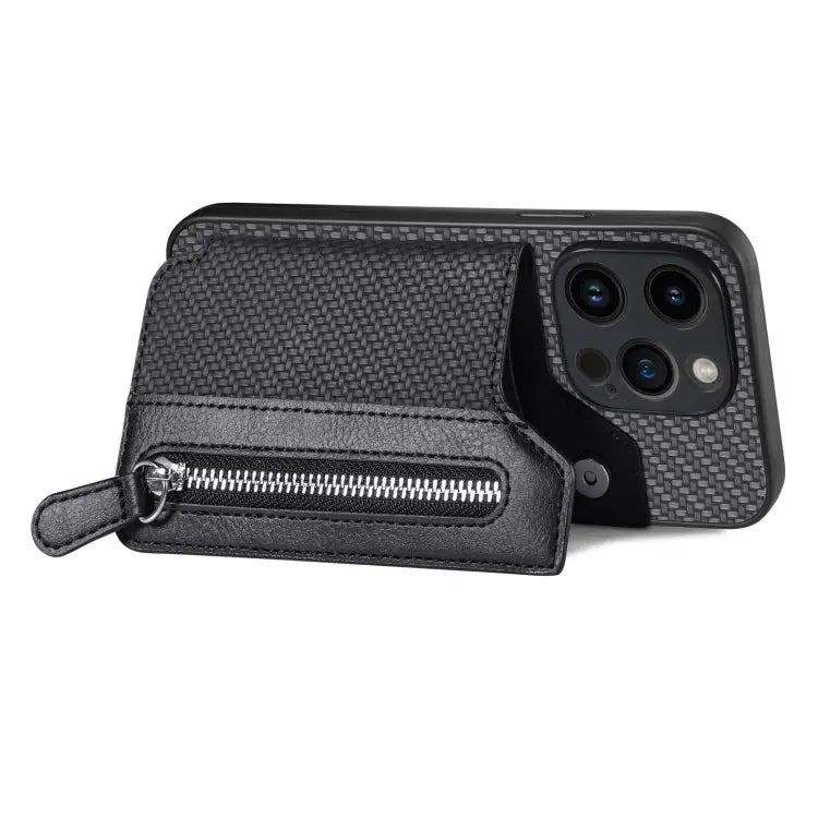 Carbon Fiber Horizontal Flip Zipper Wallet Phone Case For iPhone 15 - Apple Accessories