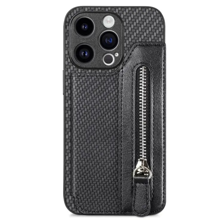 Carbon Fiber Horizontal Flip Zipper Wallet Phone Case For iPhone 16 For iPhone 15 Pro Max For iPhone 15 Pro For iPhone