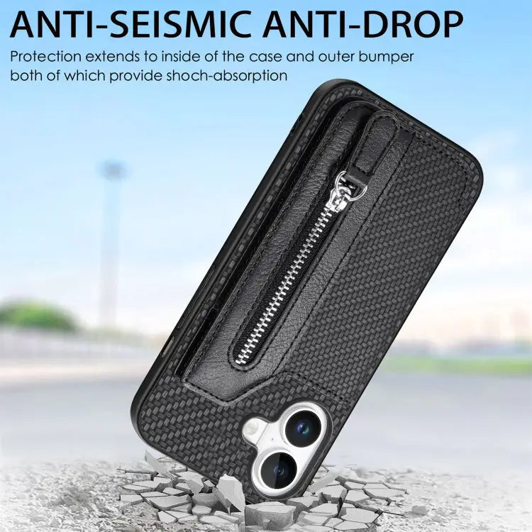 Carbon Fiber Horizontal Flip Zipper Wallet Phone Case For iPhone 16 For iPhone 15 Pro Max For iPhone 15 Pro For iPhone