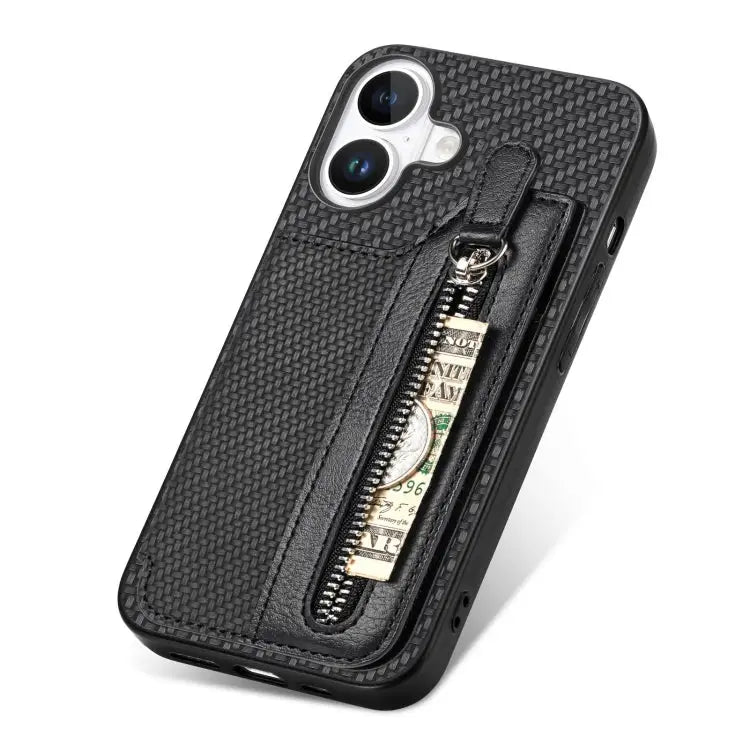 Carbon Fiber Horizontal Flip Zipper Wallet Phone Case For iPhone 16 For iPhone 15 Pro Max For iPhone 15 Pro For iPhone