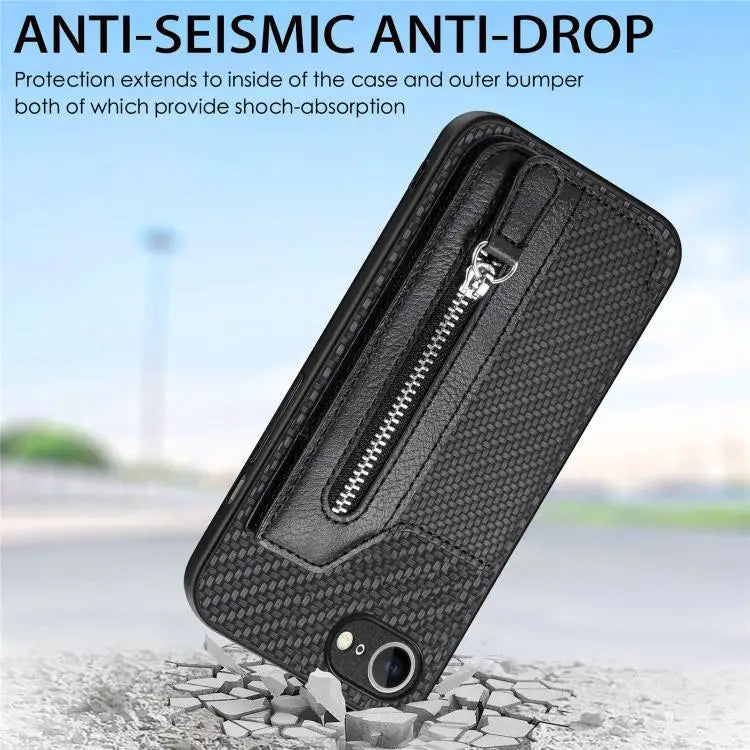 Carbon Fiber Horizontal Flip Zipper Wallet Phone Case For iPhone 16e For iPhone 16 Pro Max For iPhone 16 Pro For iPhone