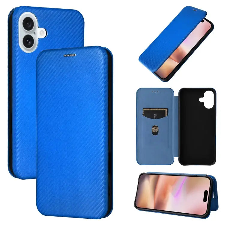 Carbon Fiber Texture Flip Leather Phone Case For iPhone 16 - For iPhone 16 / Blue - Apple Accessories