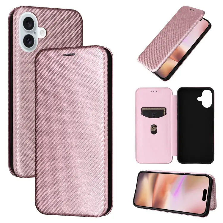 Carbon Fiber Texture Flip Leather Phone Case For iPhone 16 - For iPhone 16 / Pink - Apple Accessories