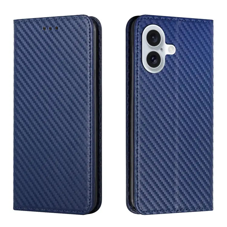 Carbon Fiber Texture Magnetic Flip Leather Phone Case - For iPhone 16 / Blue - Apple Accessories
