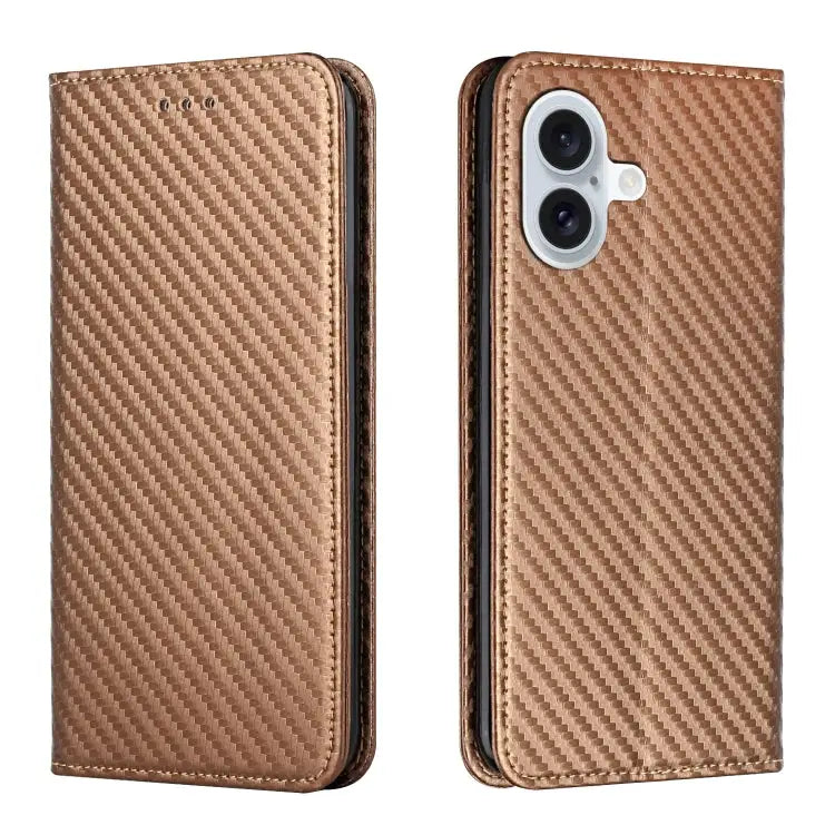 Carbon Fiber Texture Magnetic Flip Leather Phone Case - For iPhone 16 / Brown - Apple Accessories