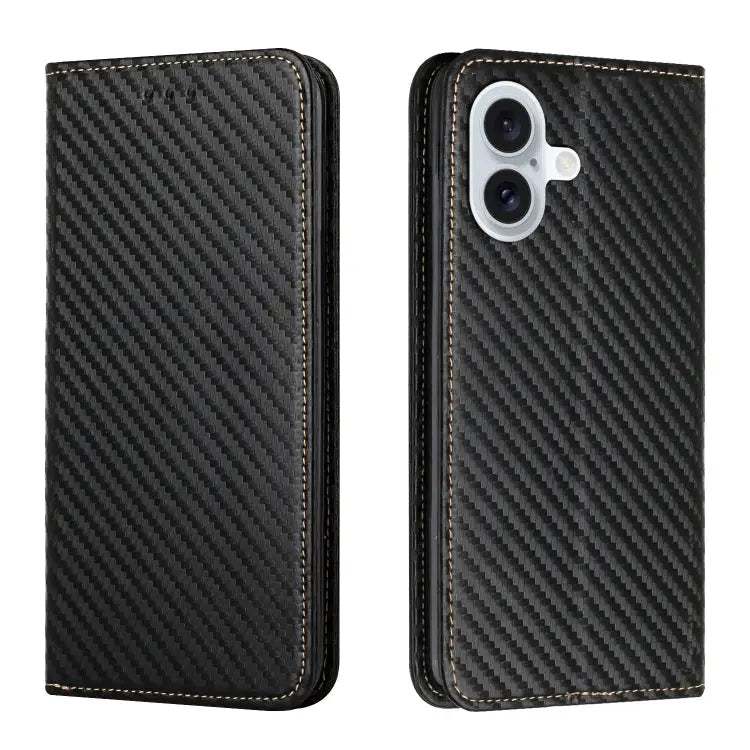 Carbon Fiber Texture Magnetic Flip Leather Phone Case - For iPhone 16 / Black - Apple Accessories