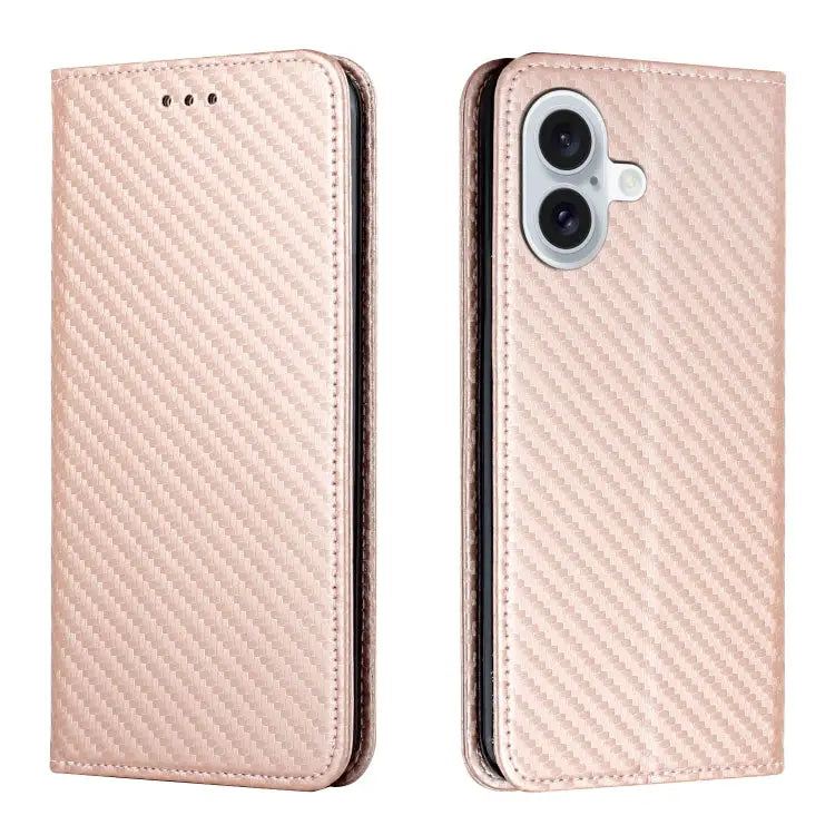 Carbon Fiber Texture Magnetic Flip Leather Phone Case - For iPhone 16 / Rose Gold - Apple Accessories