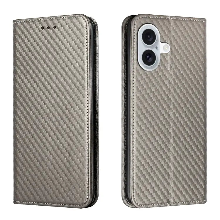 Carbon Fiber Texture Magnetic Flip Leather Phone Case - For iPhone 16 / Grey - Apple Accessories