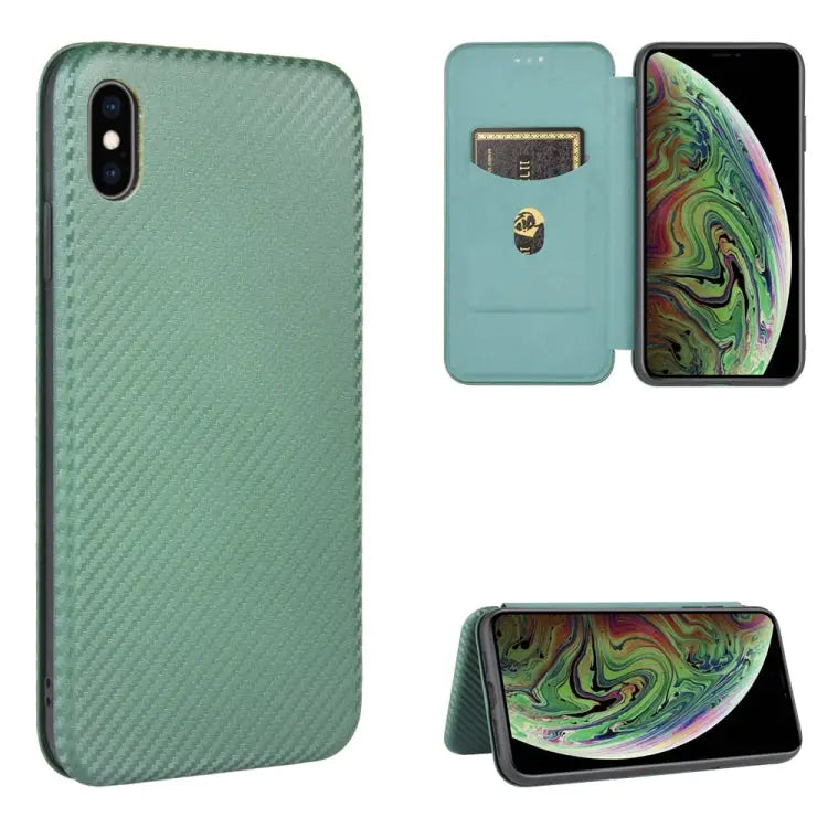 Carbon Fiber Texture Magnetic Horizontal Flip TPU + PC + PU Leather Case with Card Slot For iPhone X / XS - For iPhone