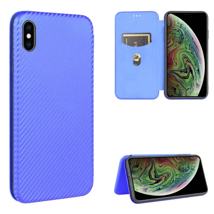 Carbon Fiber Texture Magnetic Horizontal Flip TPU + PC + PU Leather Case with Card Slot For iPhone X / XS - For iPhone