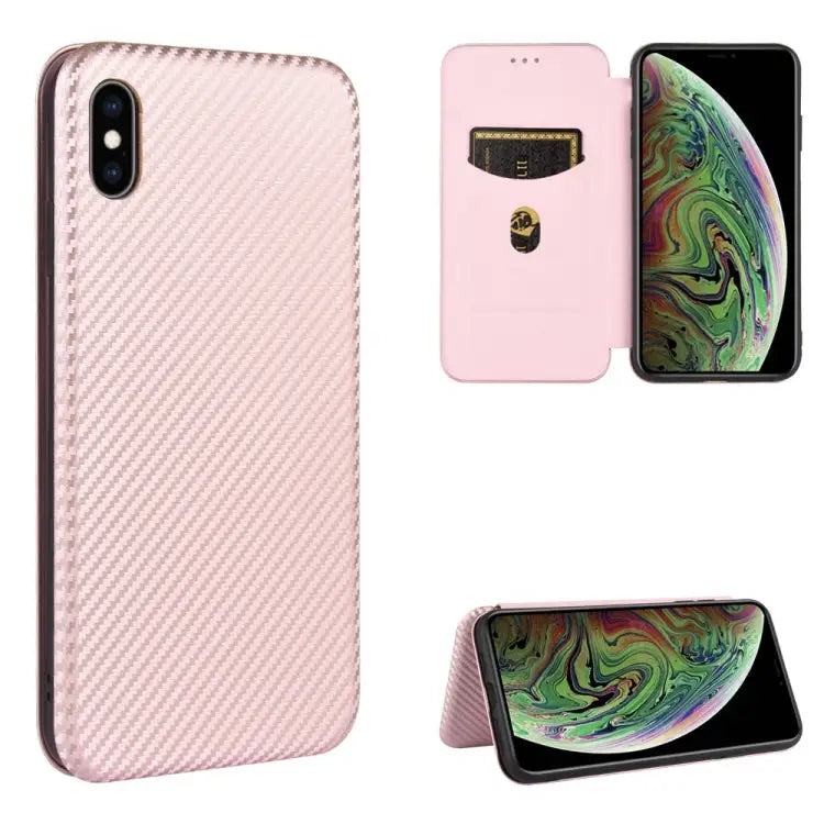 Carbon Fiber Texture Magnetic Horizontal Flip TPU + PC + PU Leather Case with Card Slot For iPhone X / XS - For iPhone