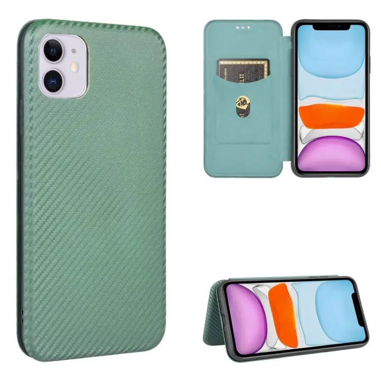 Carbon Fiber Texture Magnetic Horizontal Flip TPU + PC + PU Leather Case with Card Slot For iPhone 11 For iPhone 12