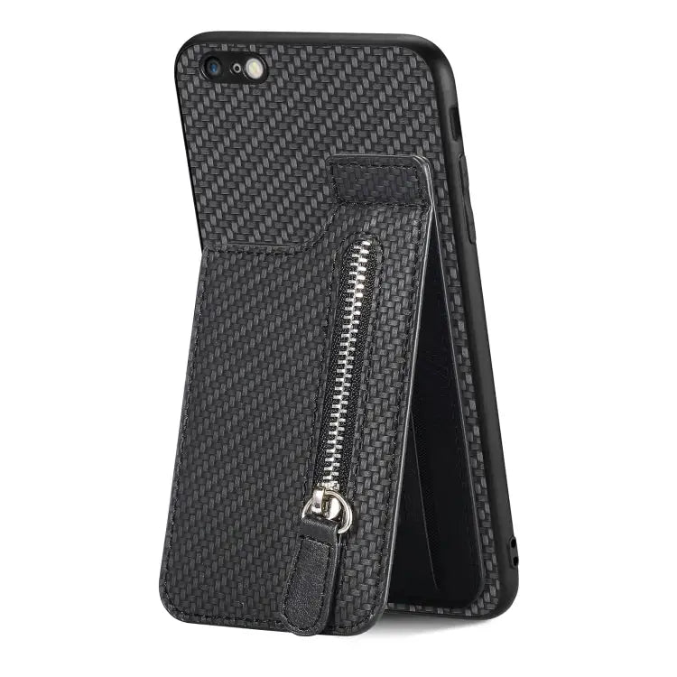 Carbon Fiber Vertical Flip Zipper Phone Case - For iPhone 6 / 6s / Black - Apple Accessories