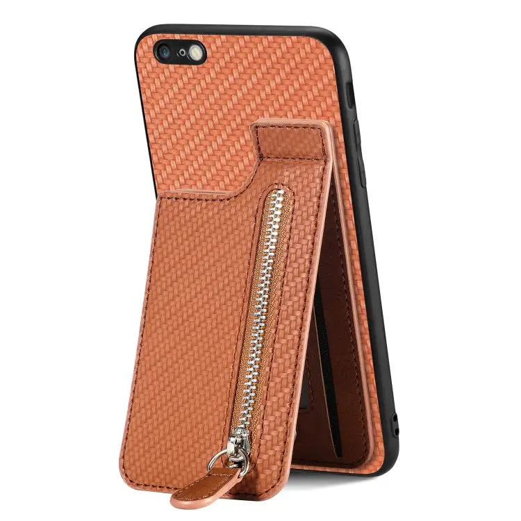 Carbon Fiber Vertical Flip Zipper Phone Case - For iPhone 6 / 6s / Brown - Apple Accessories