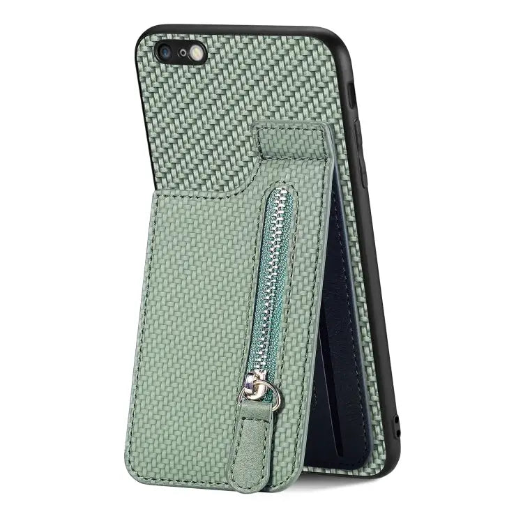 Carbon Fiber Vertical Flip Zipper Phone Case - For iPhone 6 / 6s / Green - Apple Accessories