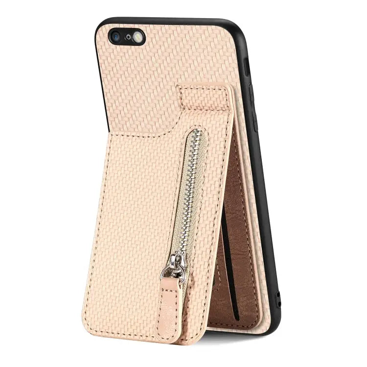 Carbon Fiber Vertical Flip Zipper Phone Case - For iPhone 6 Plus / 6s Plus / Khaki - Apple Accessories